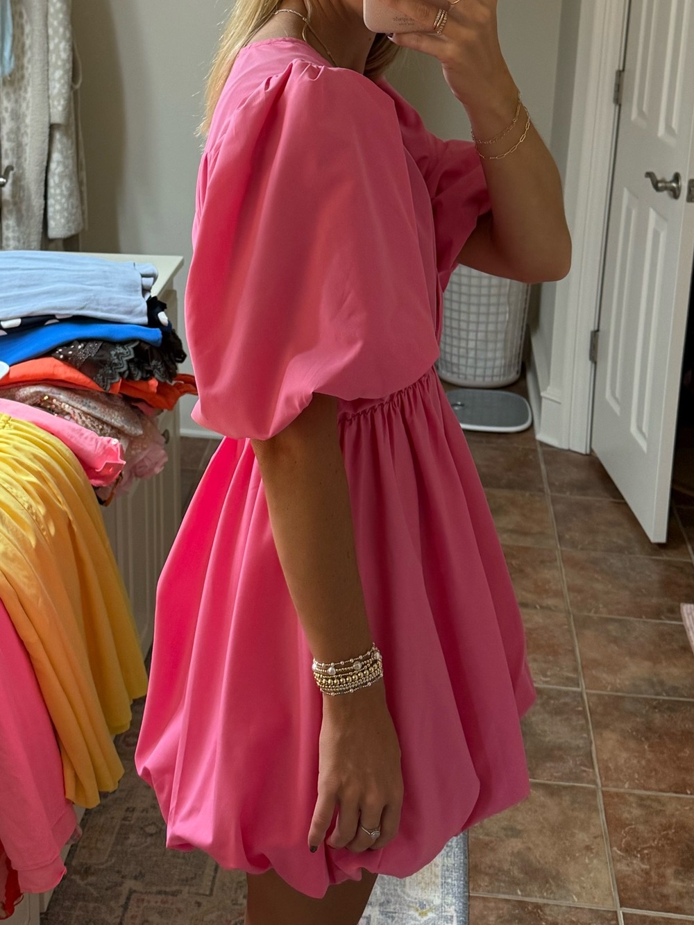entro Hot Pink Puff-Sleeve Mini Dress - Picture 2 of 5